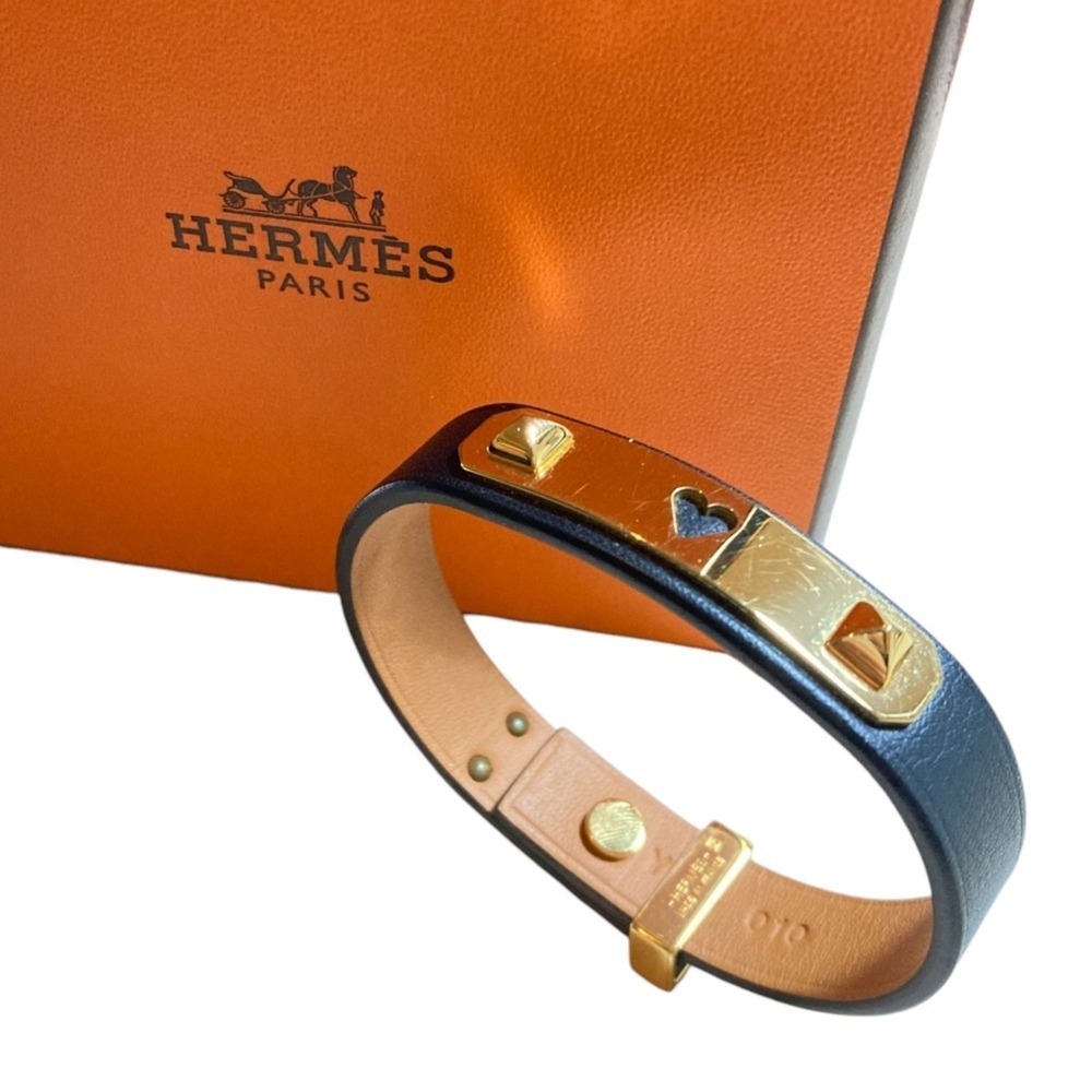HERMES Blue Leather Heart Charm Bracelet